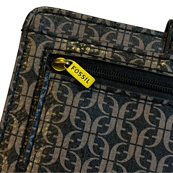 Fossil Madison Tab Clutch Wallet Slim Bi-Fold Black Taupe Geo Print PVC 7.5x3.5 - Picture 3 of 9